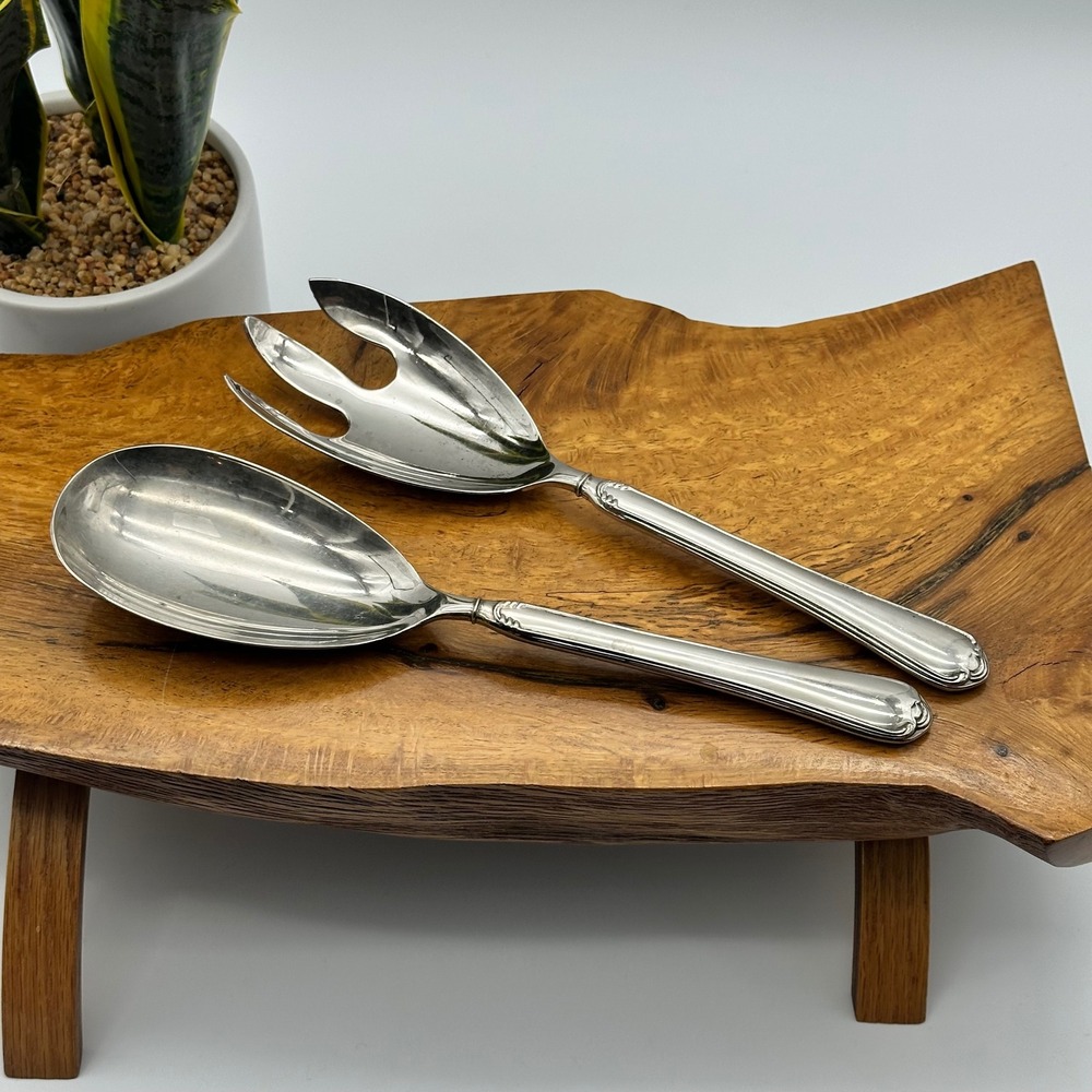 Vintage Silver Plated Salad Serving Set Scrolled Fiddle Handle Fork Spoon 10.5in
